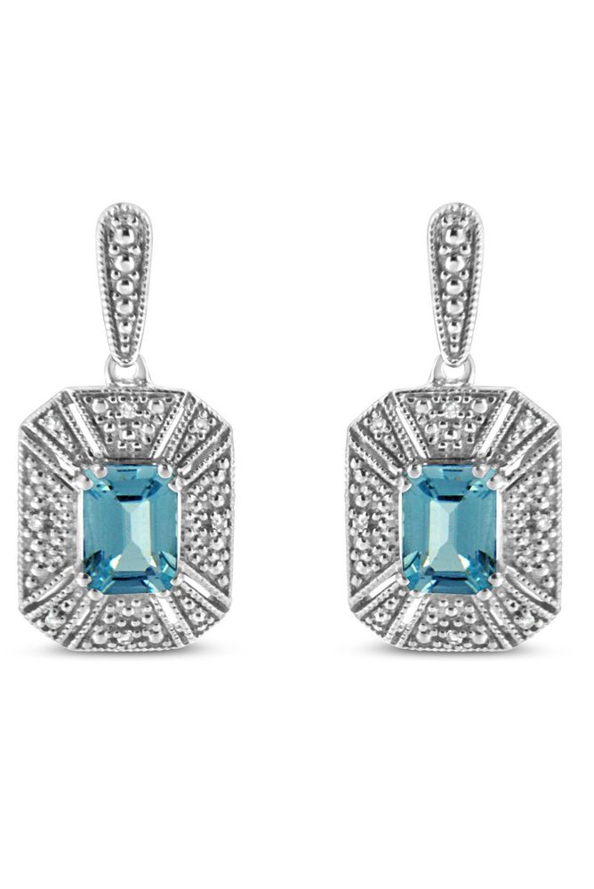 7x5MM Emerald Shape Blue Topaz and Diamond Accent Art Deco Halo Style Earrings